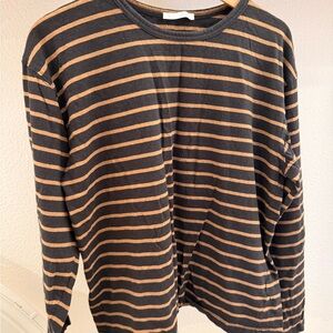 Zara Women's Black and Tan Striped Long Sleeve Tee